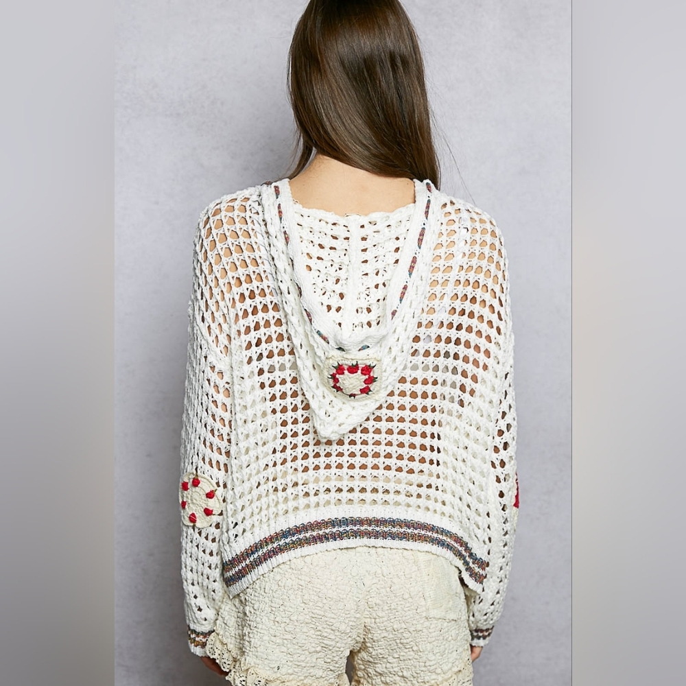 POL Crochet Strawberry Heart Granny Patch Cotton Kangaroo Pocket Hoodie - Picture 4 of 6